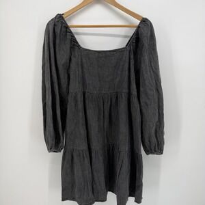 Flying‎ Tomato Med Gray Mini Dress Smocked Puff Sleeve Peasant Cottagecore Boho